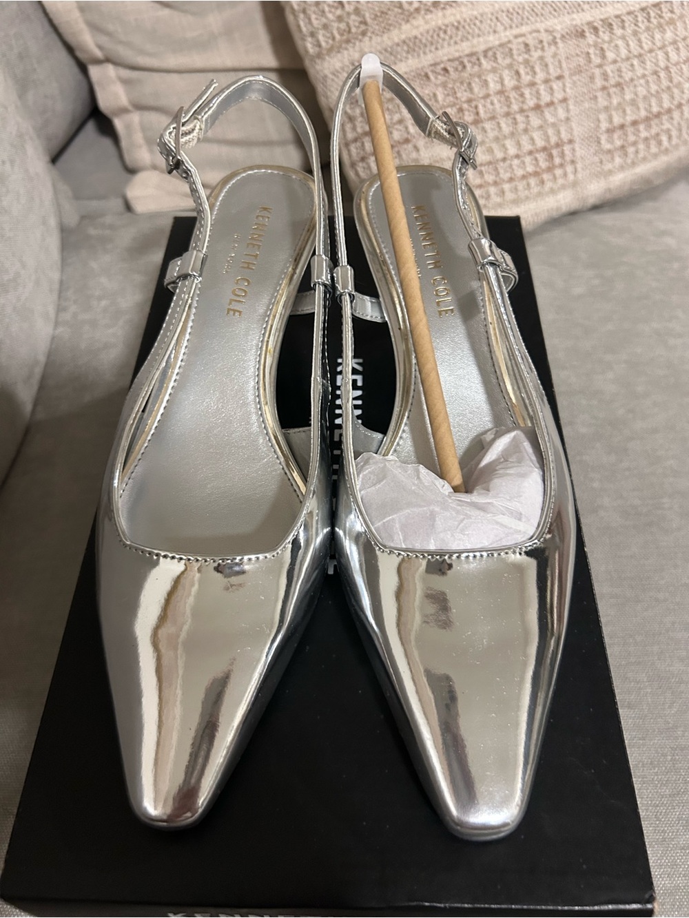 Kenneth Cole Metallic Silver Pointed Slingback Kitten Heels
